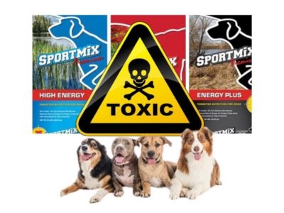 sportmix images of bags, toxic symbol, 4 dogs