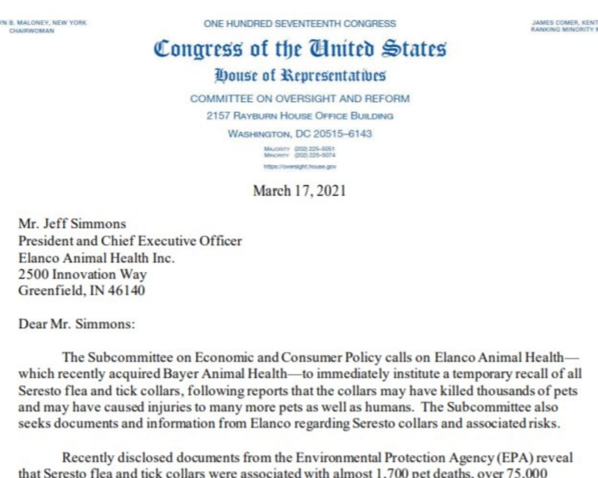 Congressman's letter to Elanco CEO Jeff Simmons