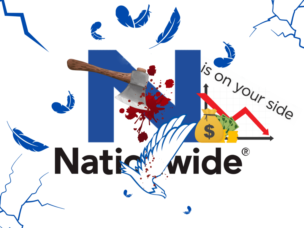 an ax striking the nationwide logo as profit slide with service cuts